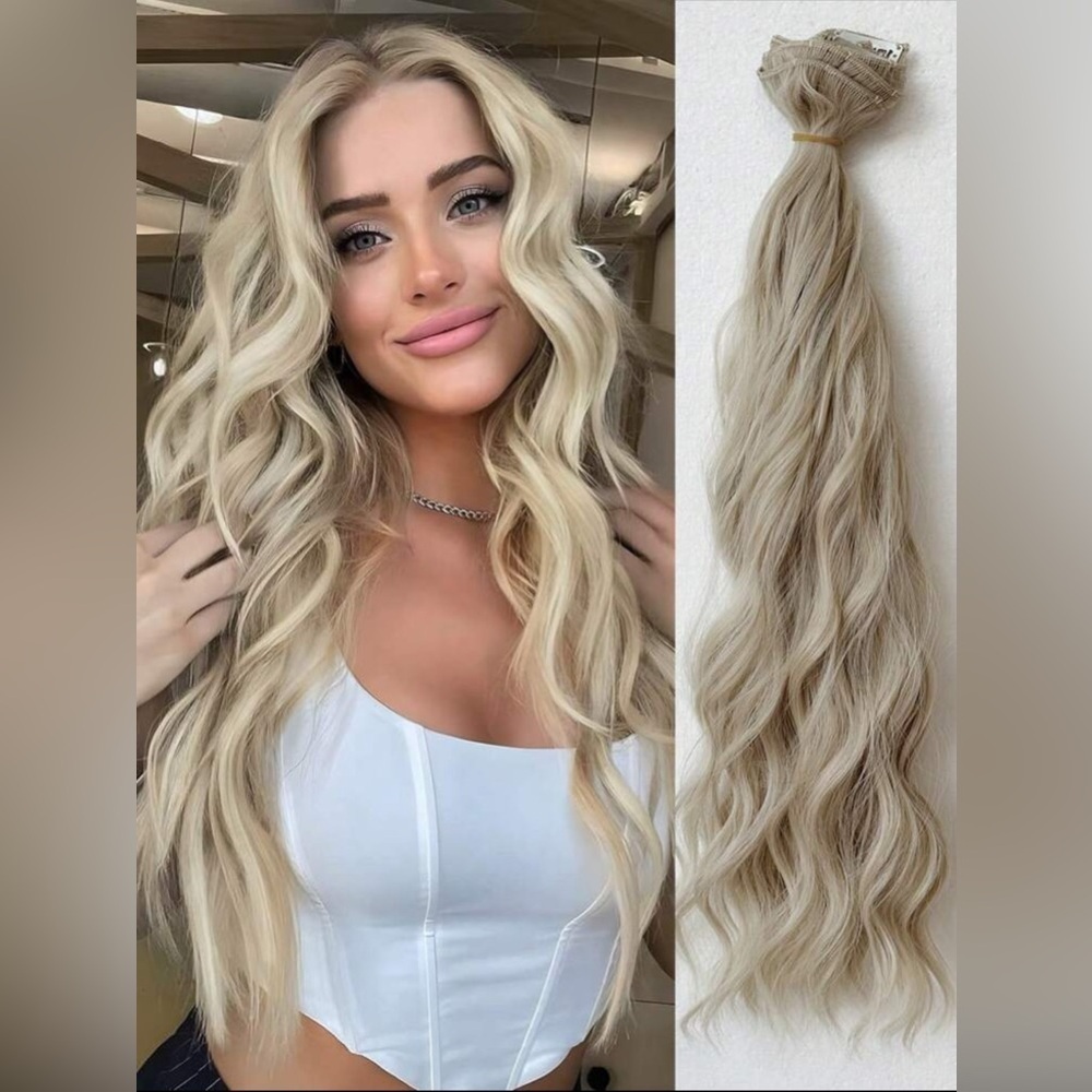 22 In Clip in light Ash Blonde Wavy Hair Extensions